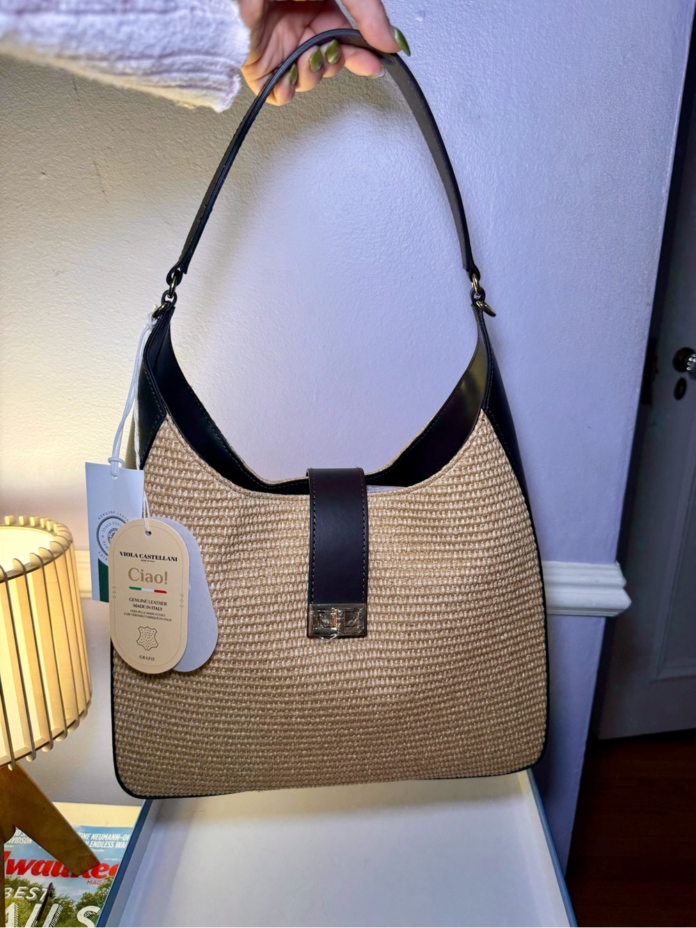 NWT Viola Castellani Raffia & Genuine Leather Shoulder Bag - Picture 13 of 13